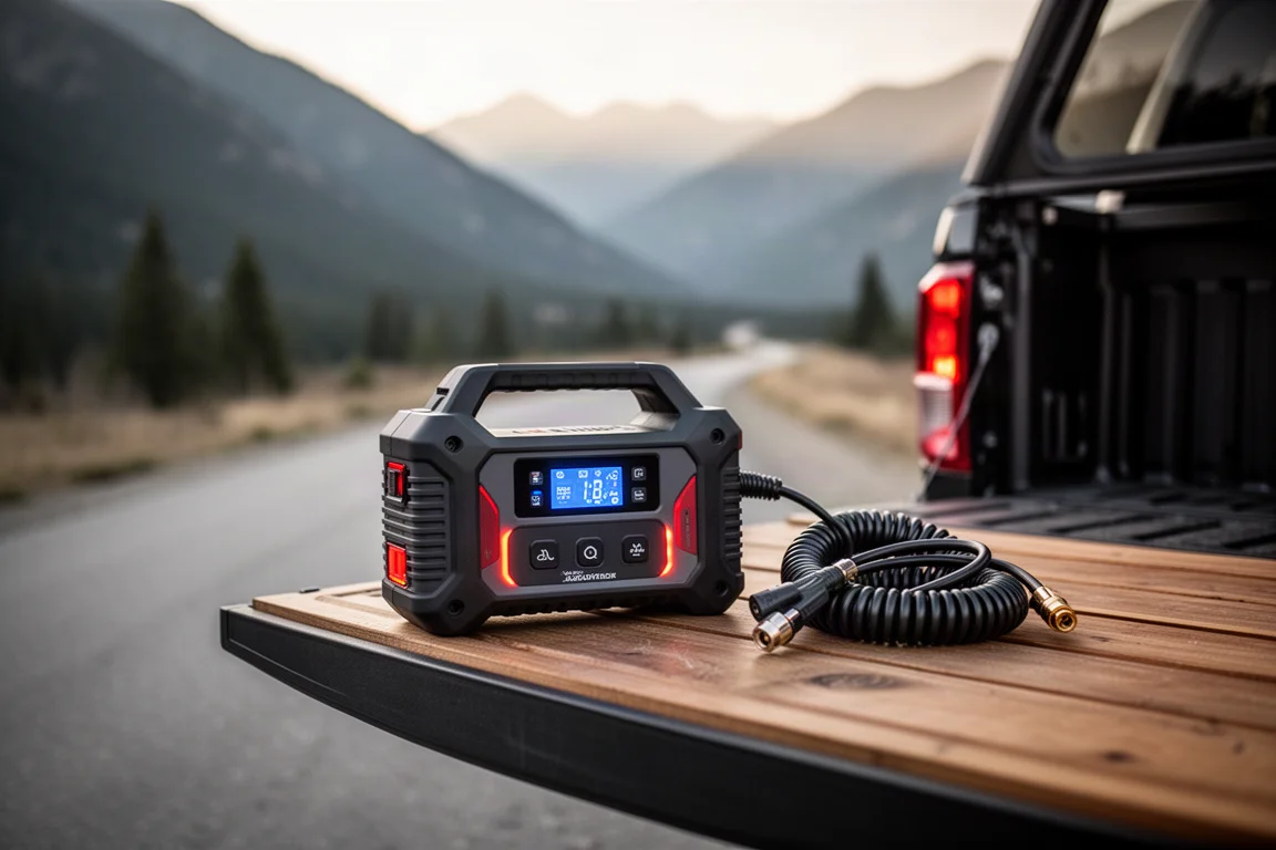 Portable jump starter with air compressor on a tailgate with display lit