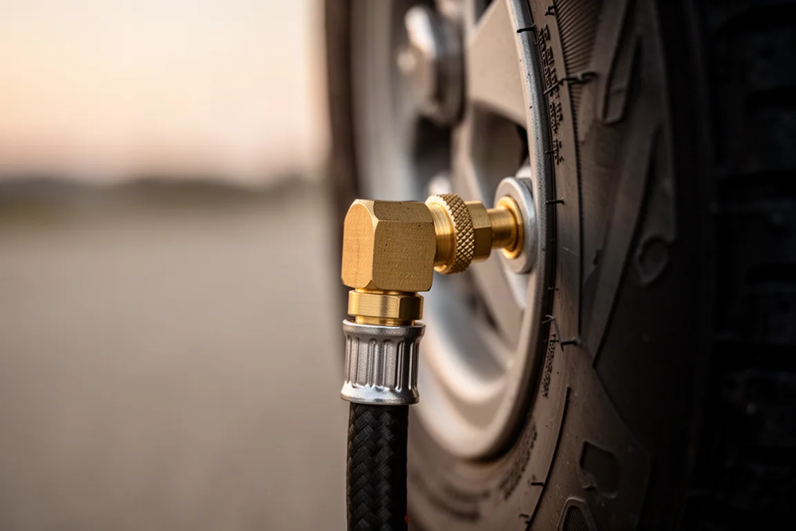 Close-up of the compressor hose connected to a car tire valve stem