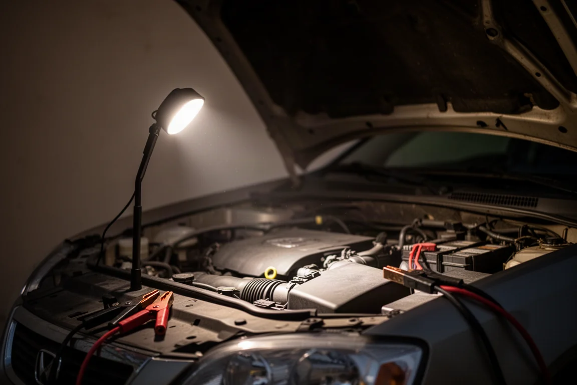 Built-in LED area light illuminating a car engine bay at night