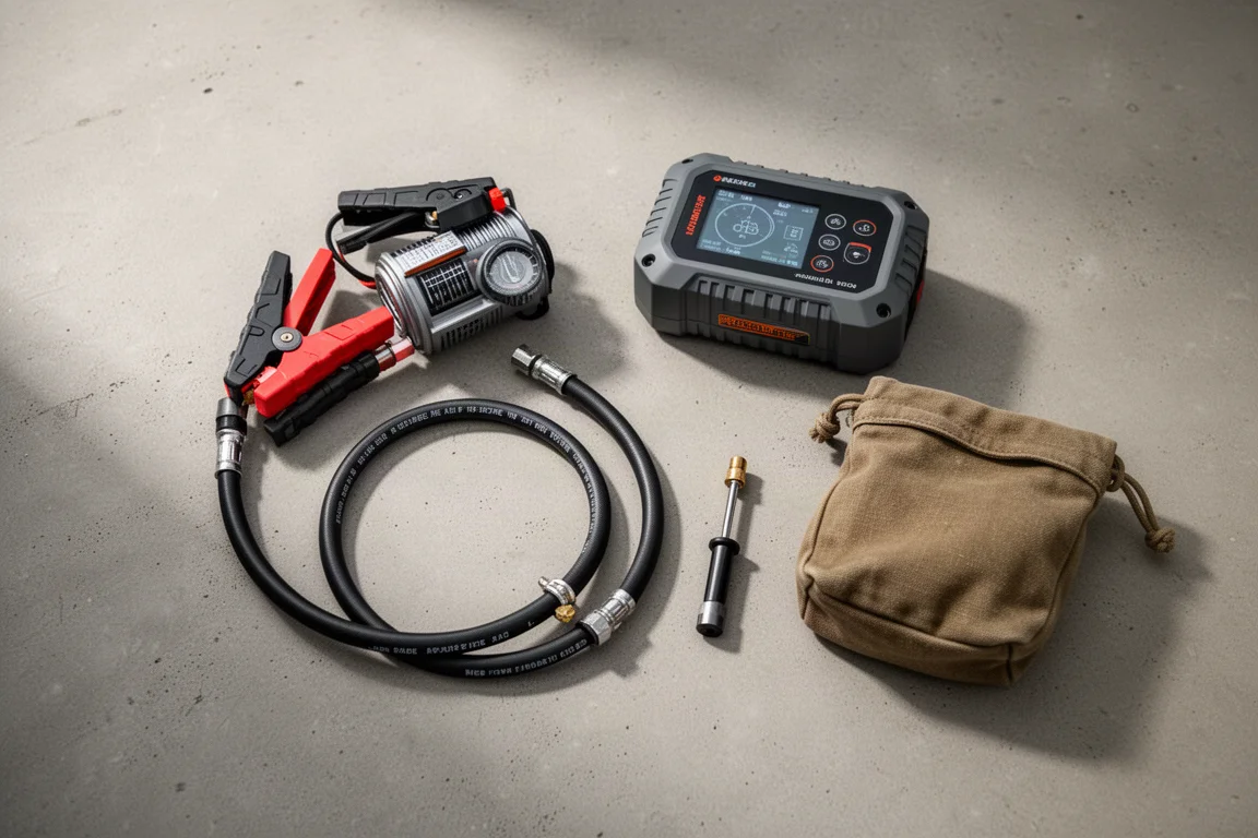 Overlanding gear laid out including jump starter and tire tools on concrete