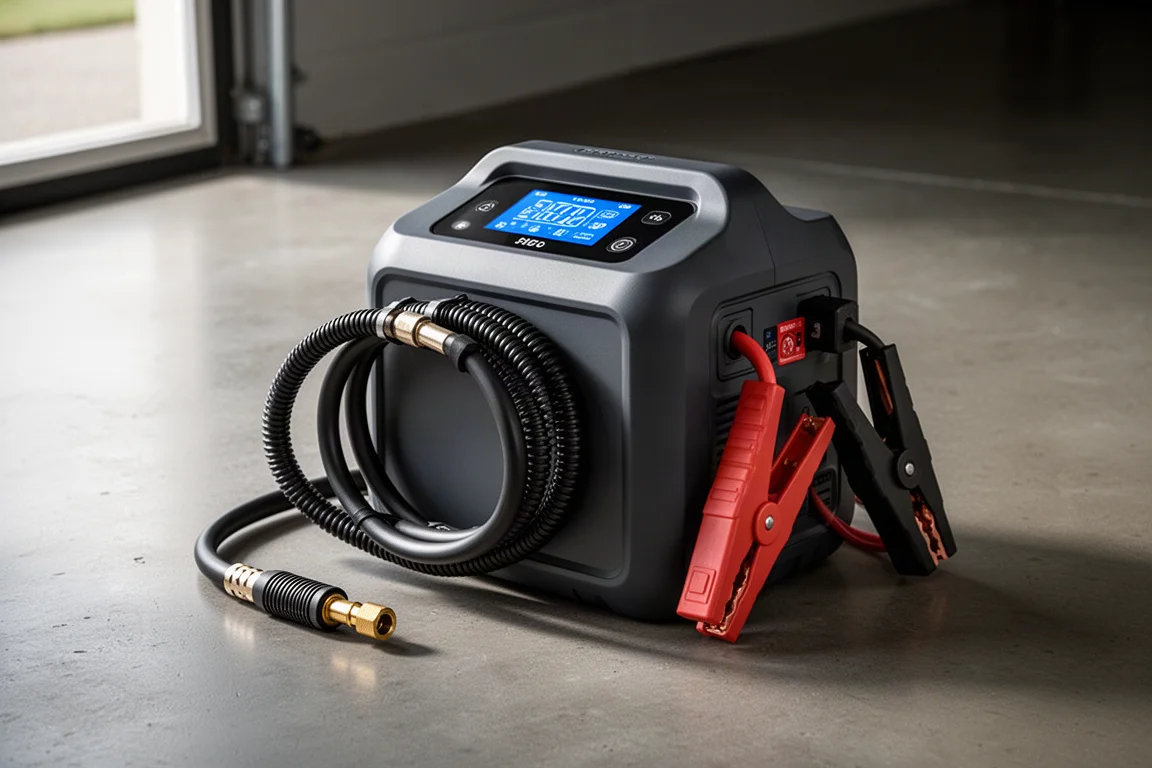Gulu A7 jump starter and air compressor unit on concrete with hose and jumper cables
