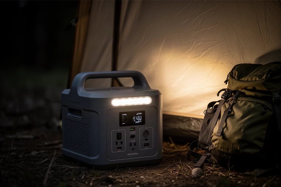 Wbudowana lampa LED stacji zasilania rzucająca miękkie światło w ciemnym namiocie