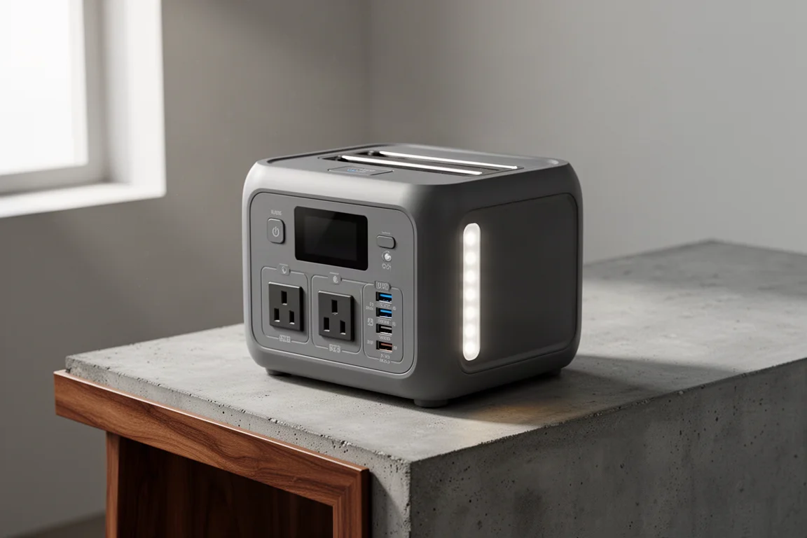 Compact grey portable power station on concrete with visible ports and display