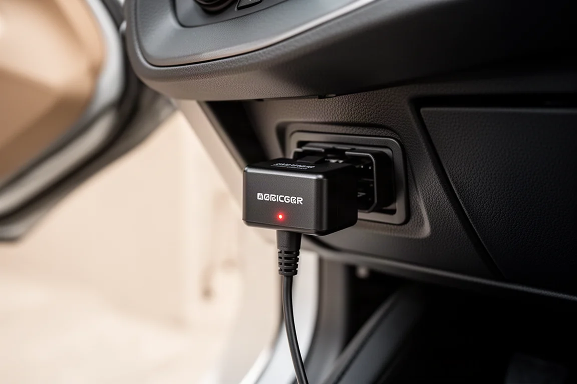 Adaptador OBD2 compacto conectado à porta de diagnóstico sob o painel de um carro