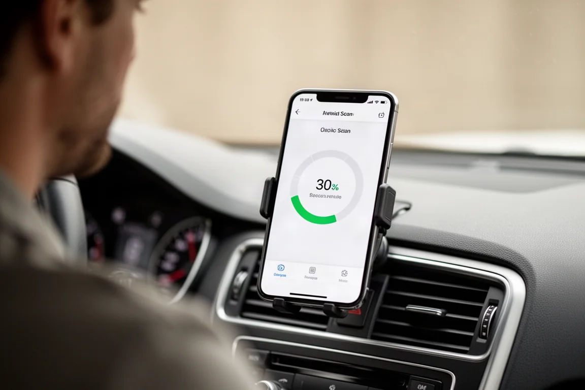 Tela de smartphone mostrando um diagnóstico veicular em andamento