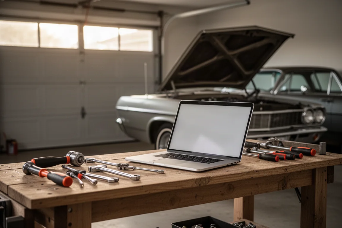Bancada de trabalho em uma garagem doméstica com ferramentas e um notebook usados para conserto de carros