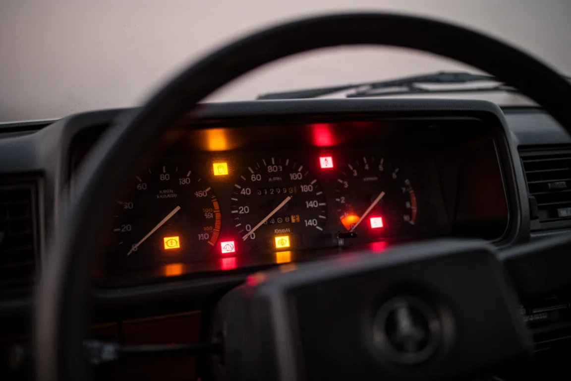 Painel de carro com várias luzes de alerta acesas ao entardecer