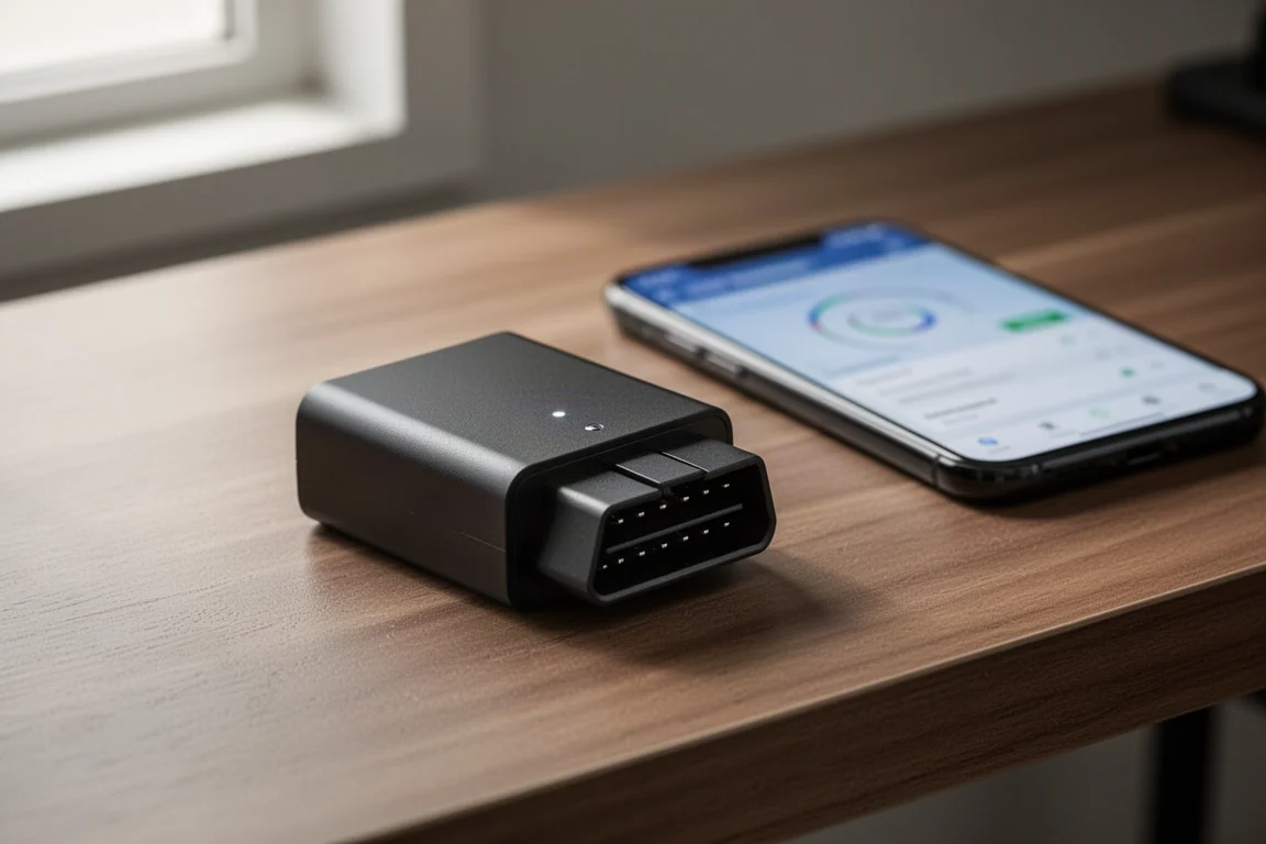 Compact black OBD2 diagnostic adapter beside a smartphone on a workbench