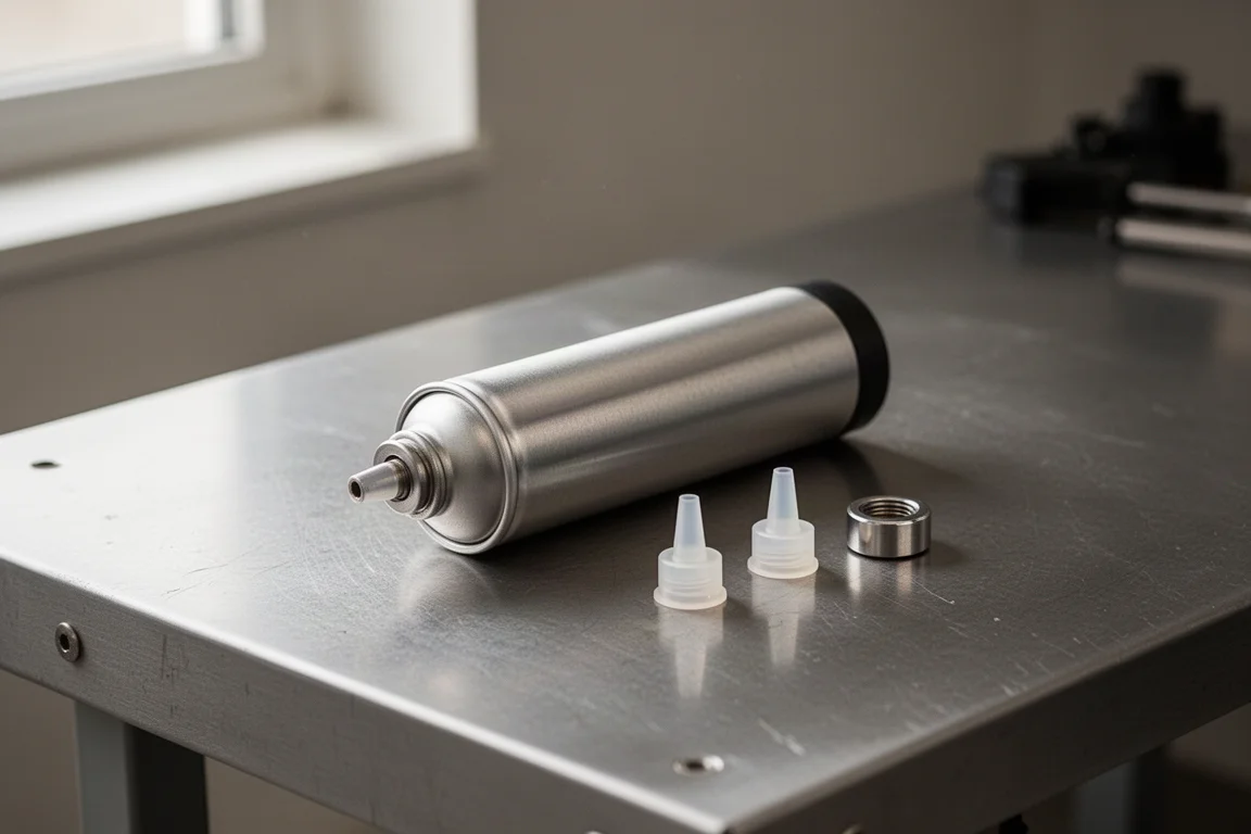 Compacte handhold air duster op een werkbank naast kleine mondstukken