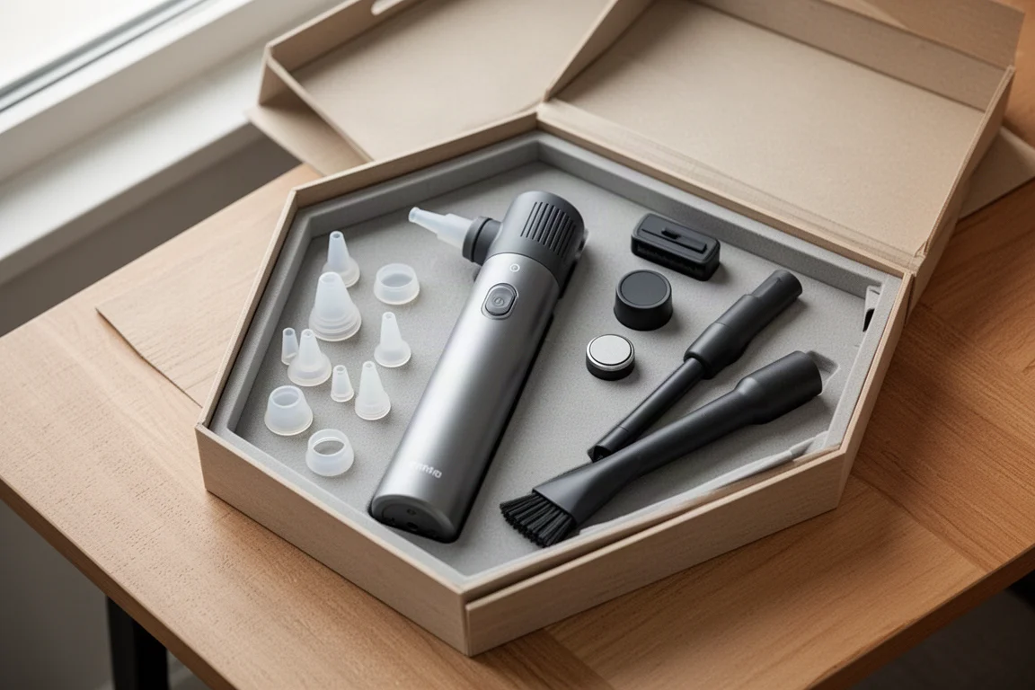 Air duster en accessoires netjes opgeborgen in een opbergdoos