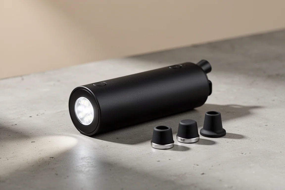 Compact handheld air duster with nozzles on a concrete surface