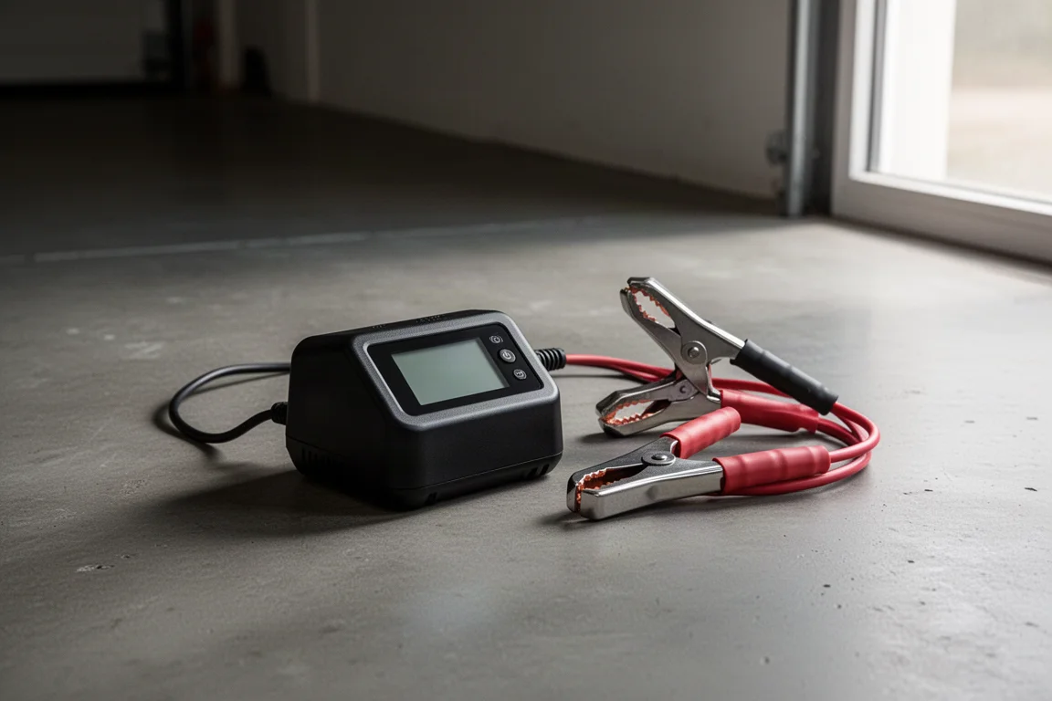Compact smart battery charger with clamp leads on a concrete garage floor