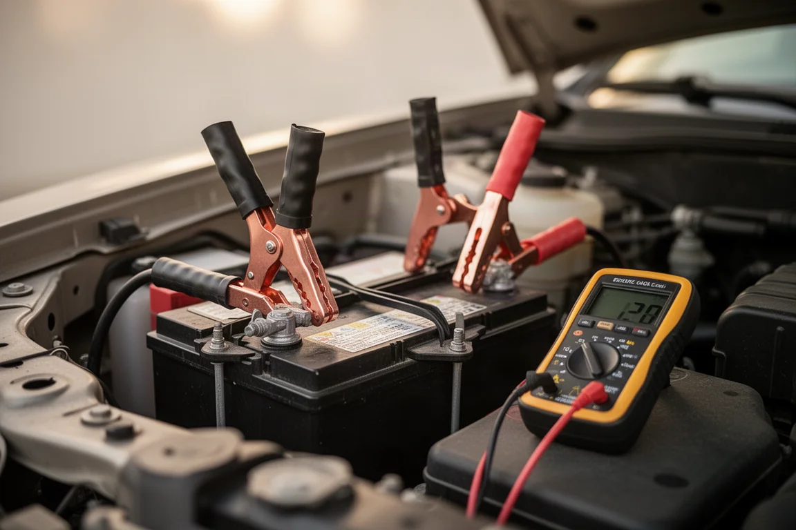 Pinze del batteri tester collegate alla batteria di un veicolo nel vano motore