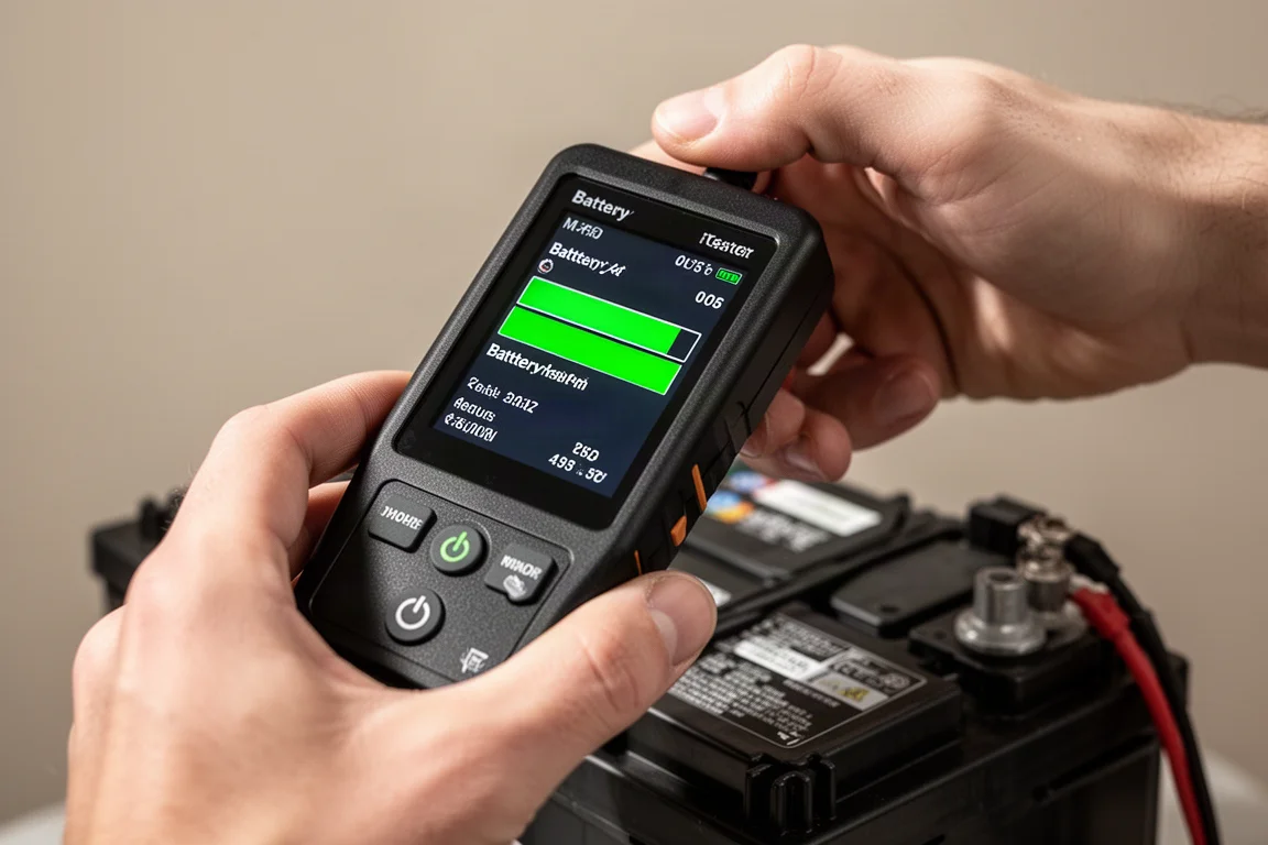 Display del batteri tester che mostra il risultato di un test con batteria in buono stato