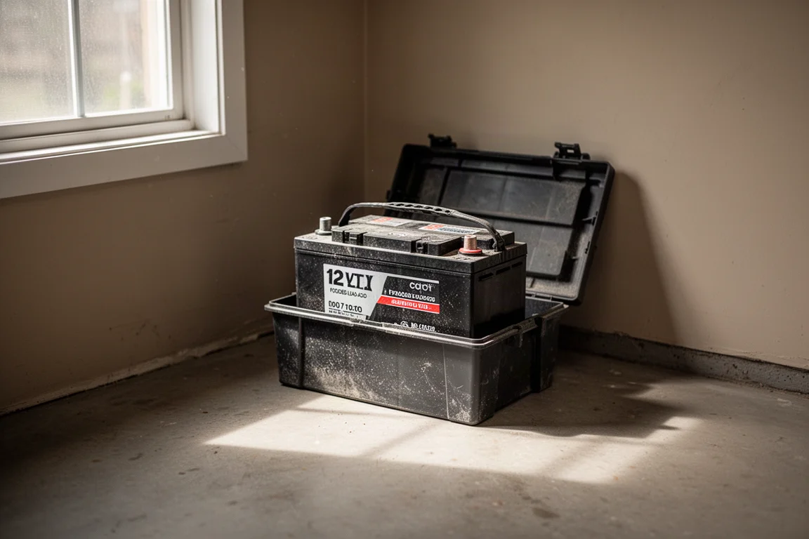 Batteria RV stoccata appoggiata in una cassa di immagazzinamento in garage