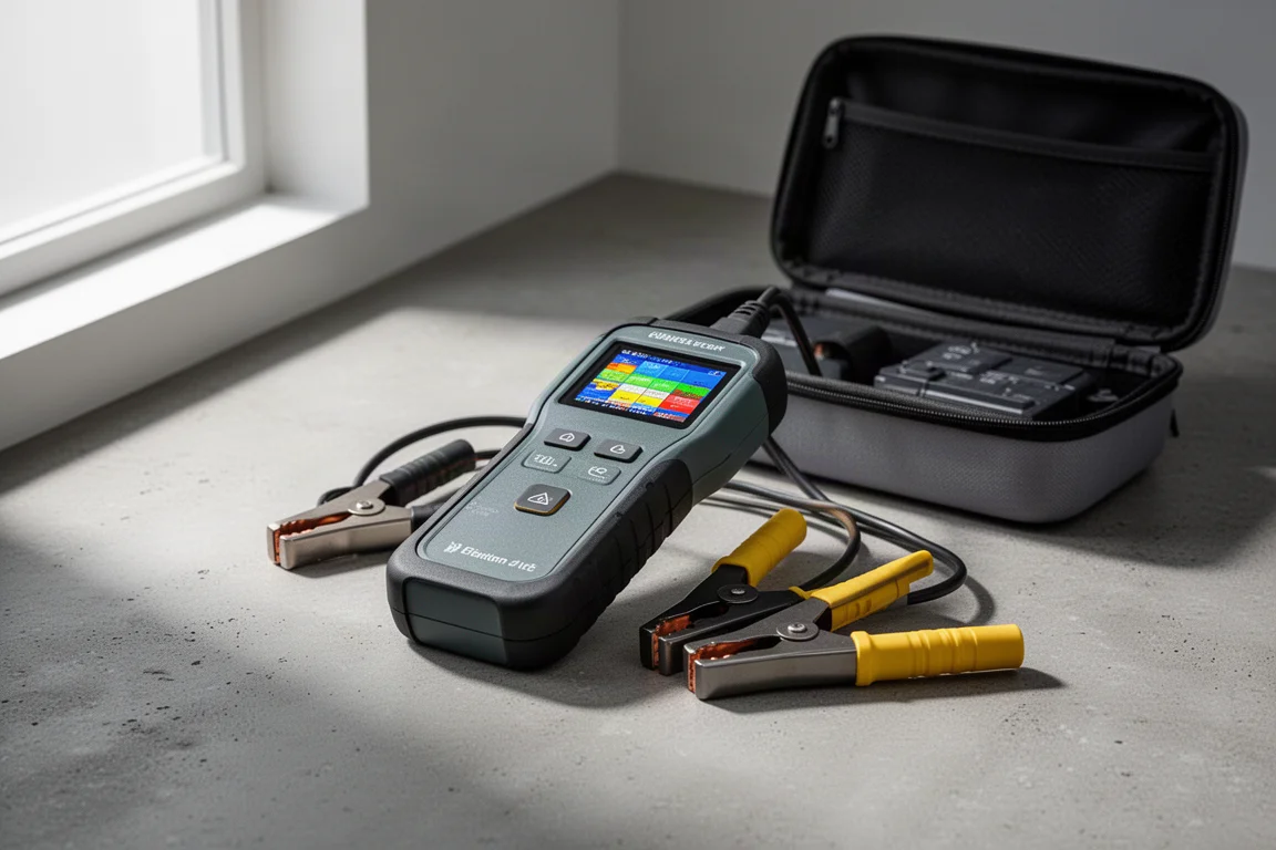 Handheld battery tester with clamps and storage case on concrete surface