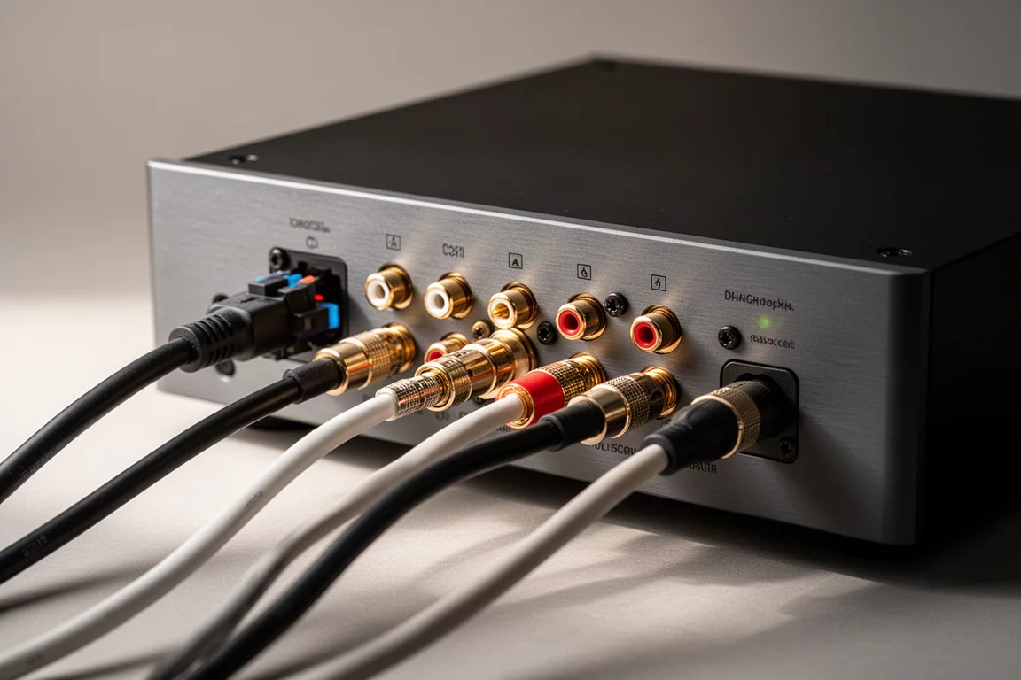 Tylny panel DAC hi-fi z podłączonymi kablami optycznymi, koncentrycznymi i zbalansowanymi