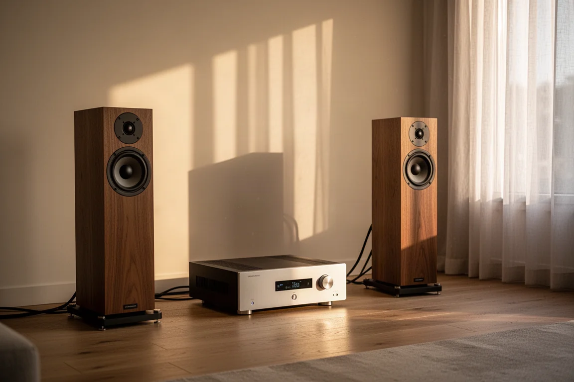 System hi-fi w salonie ze wzmacniaczem zintegrowanym i kolumnami podłogowymi w złotej godzinie
