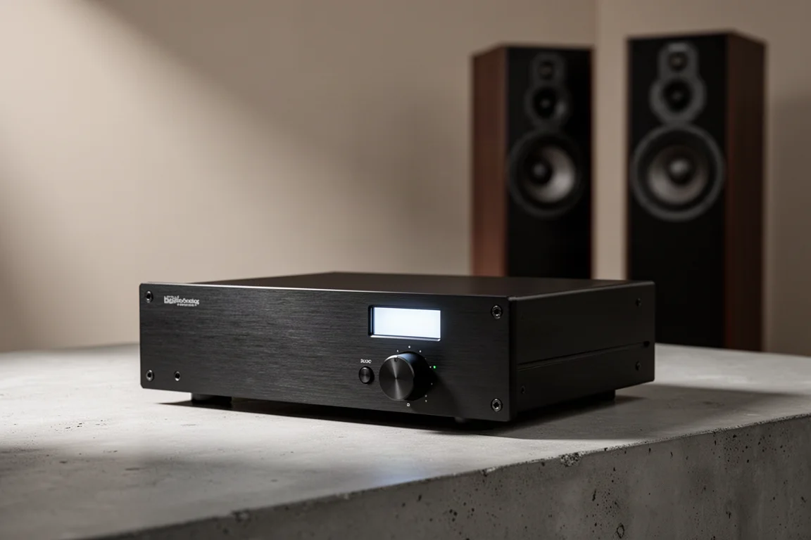 Black anodised aluminium hi-fi DAC with rotary dial on a matte concrete surface