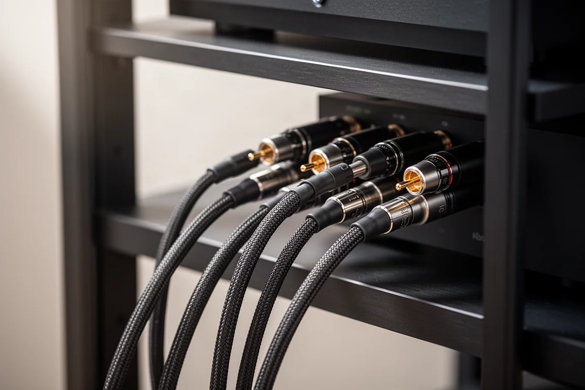 Zbliżenie starannie poprowadzonych analogowych kabli interconnect za szafką hi-fi