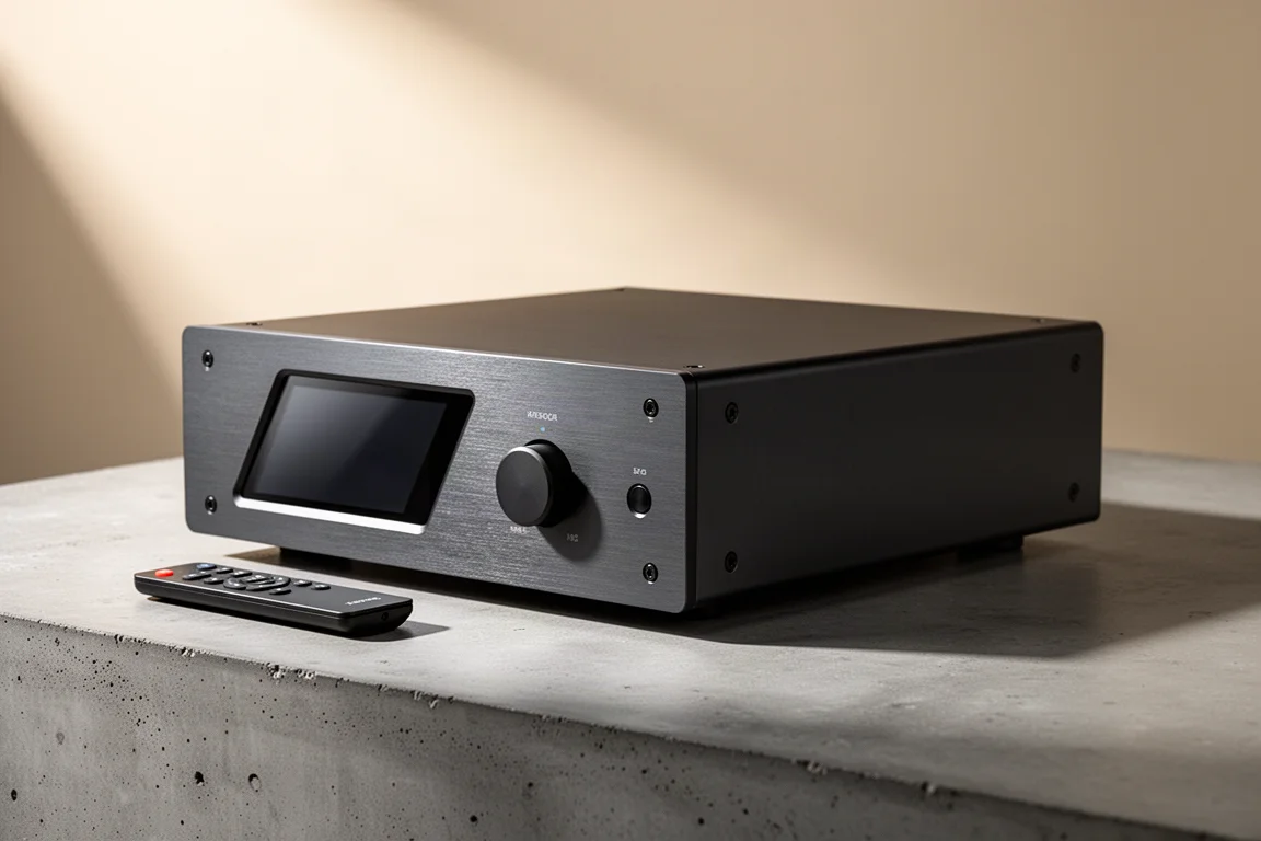 Compact desktop DAC with a touchscreen on a concrete surface beside a slim remote control