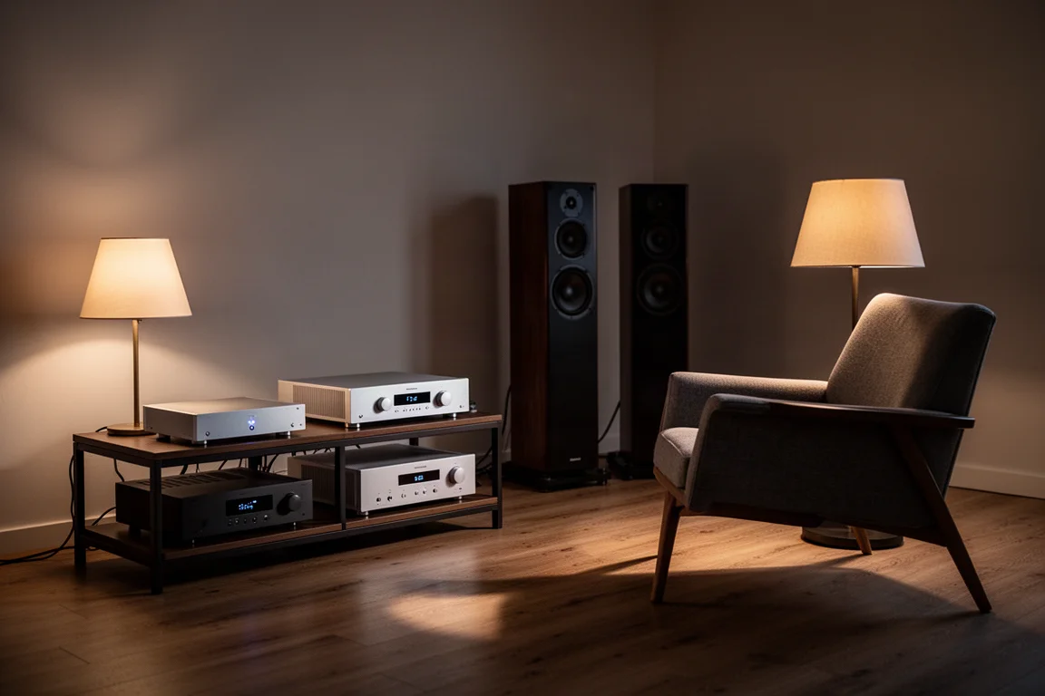 Dimly lit listening room with a hi-fi rack, floorstanding speakers, and a warm lamp