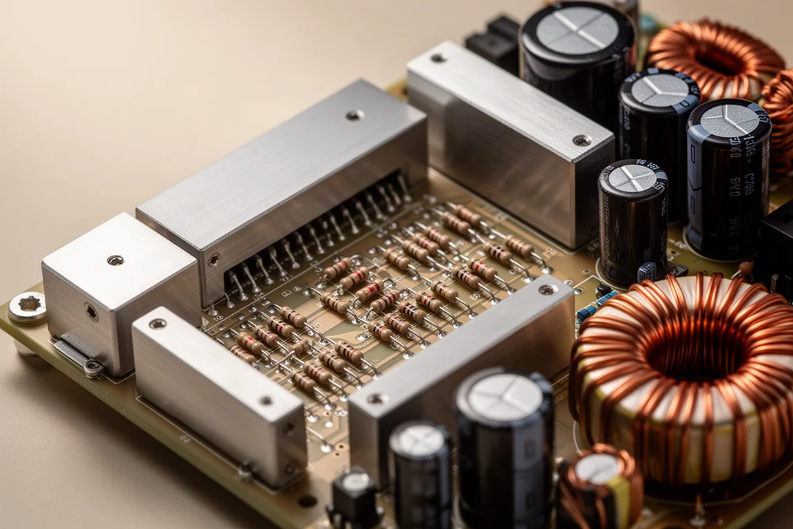 Macro detail of an audio circuit board with resistor ladders and capacitors