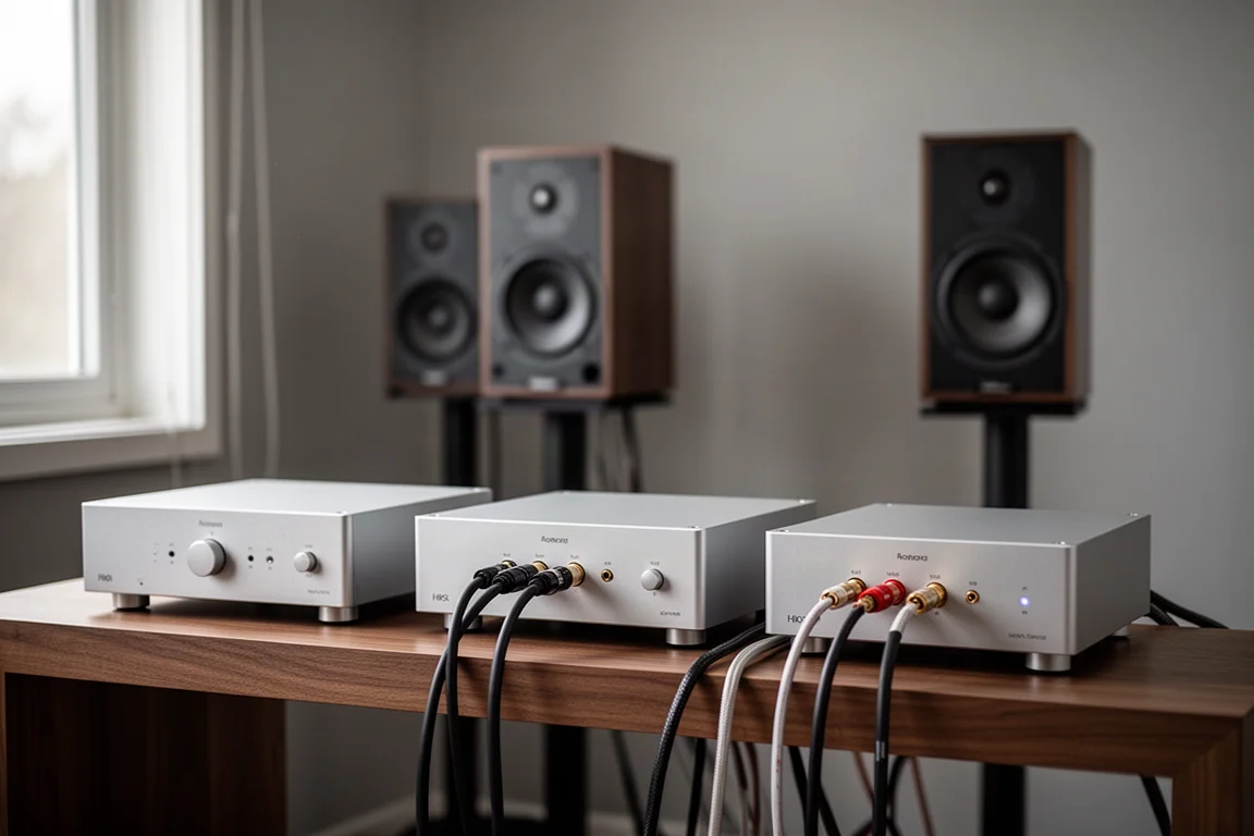 Three slim aluminium hi-fi components side by side on a wooden shelf