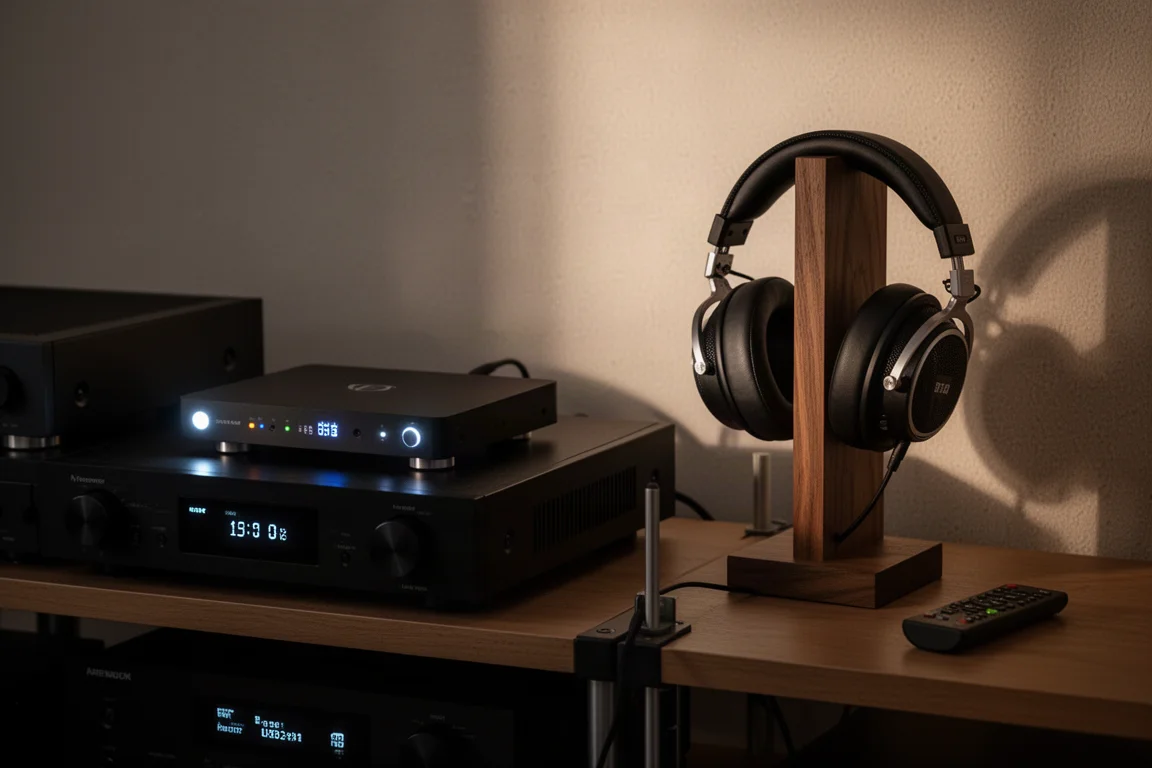 Evening listening setup with headphones on a stand beside a glowing hi-fi rack