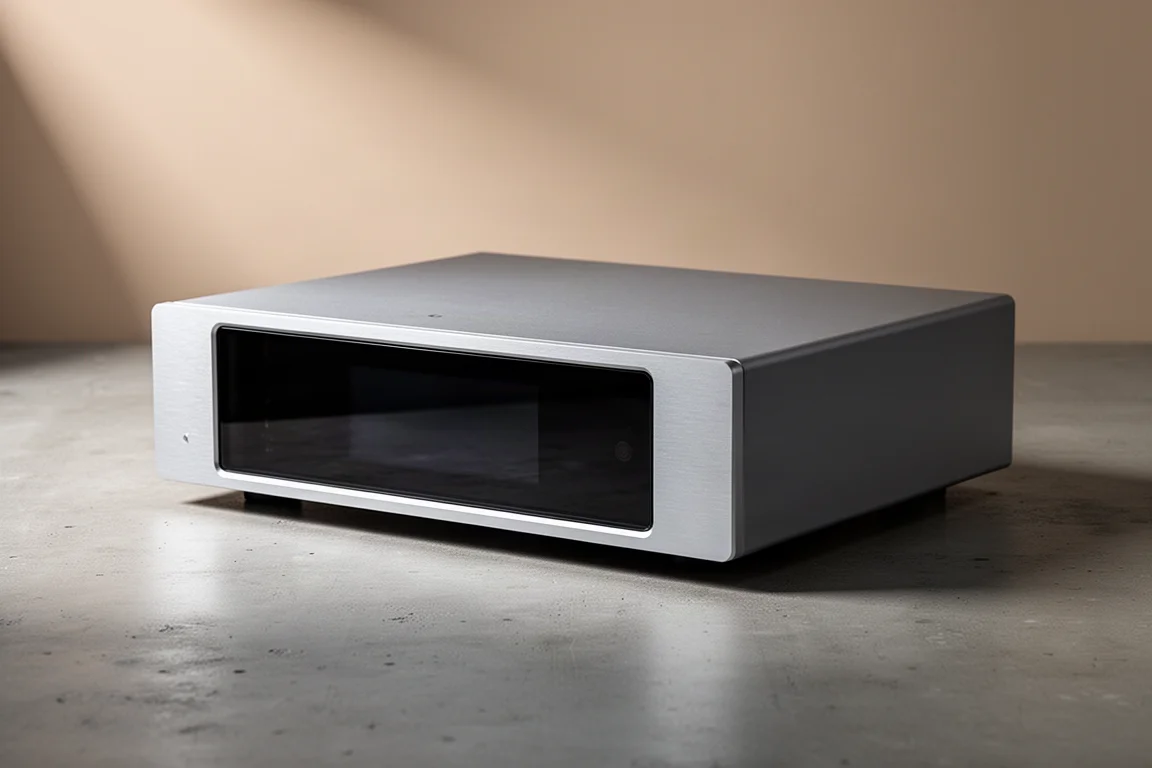 Silver aluminium digital-to-analog converter with dark glass front panel on concrete