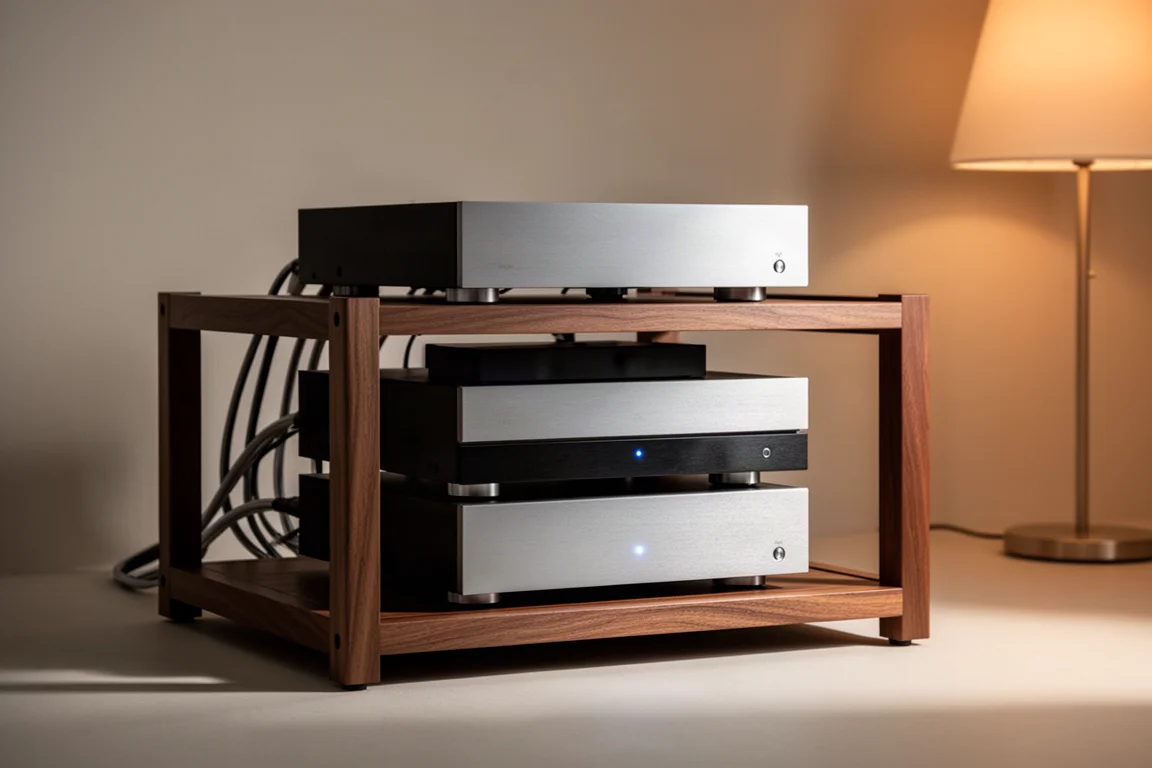 Hi-fi 器材架,層疊的器材與整齊走線的線材