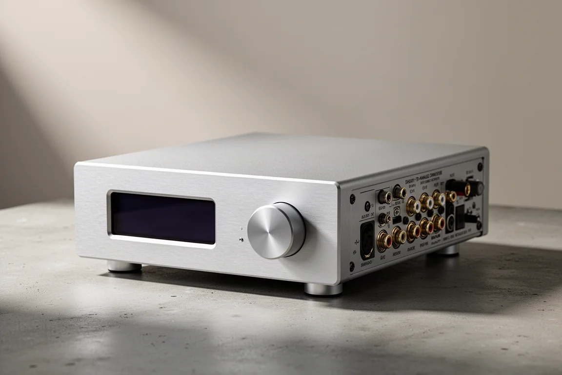 Silver desktop digital-to-analog converter with small display and rotary control on a concrete surface