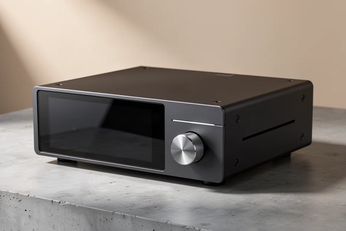 Wide dark aluminium desktop DAC with glass display panel and metal volume knob on concrete