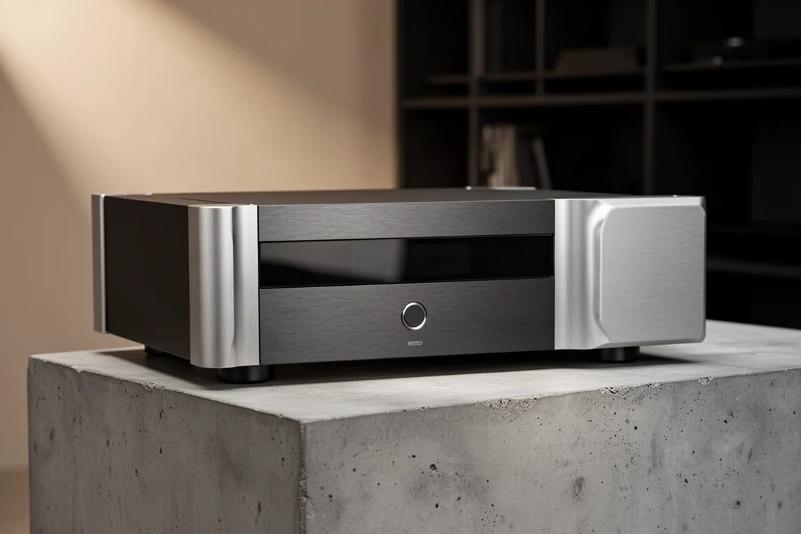 Full-width silver and black desktop DAC with tempered glass front panel on a concrete plinth