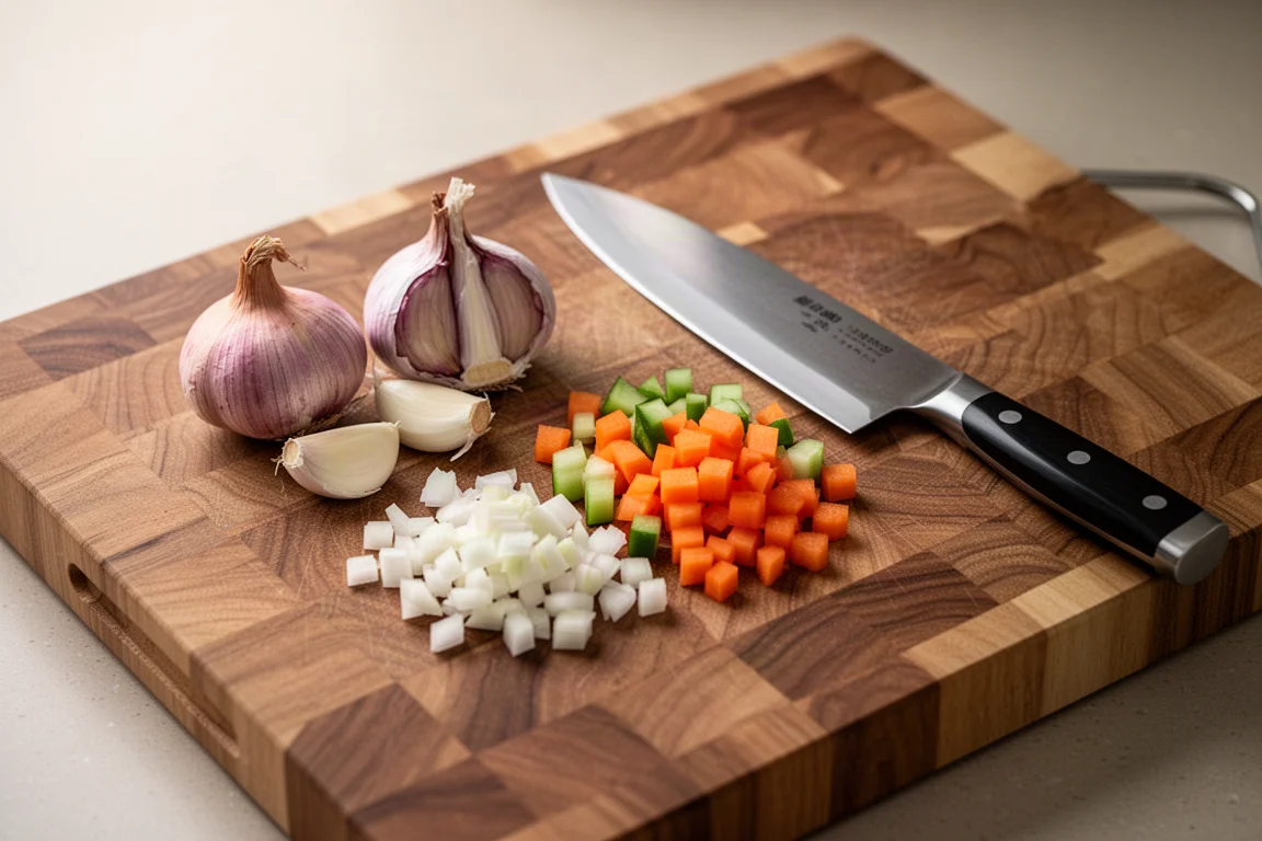 Cocinero cortando chalotas y ajo en una tabla de madera con un cuchillo compacto