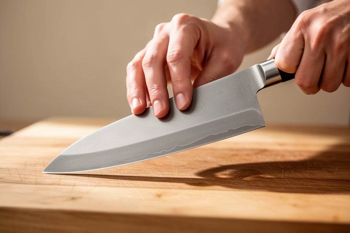 Chef usando un agarre de pellizco en un cuchillo japonés alto mientras corta
