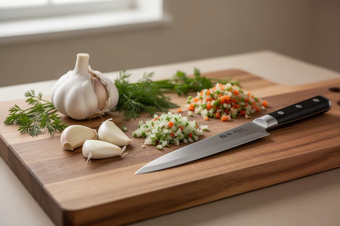 Ajo y verduras pequeñas en una tabla de cortar junto a un cuchillo compacto