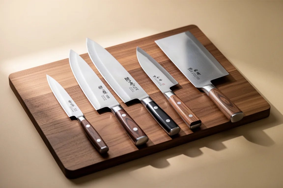 Four Japanese kitchen knives of different sizes arranged on a wooden cutting board