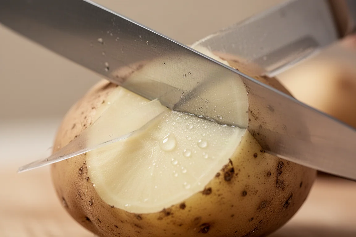 Close-up of a thin knife blade slicing smoothly through a dense potato