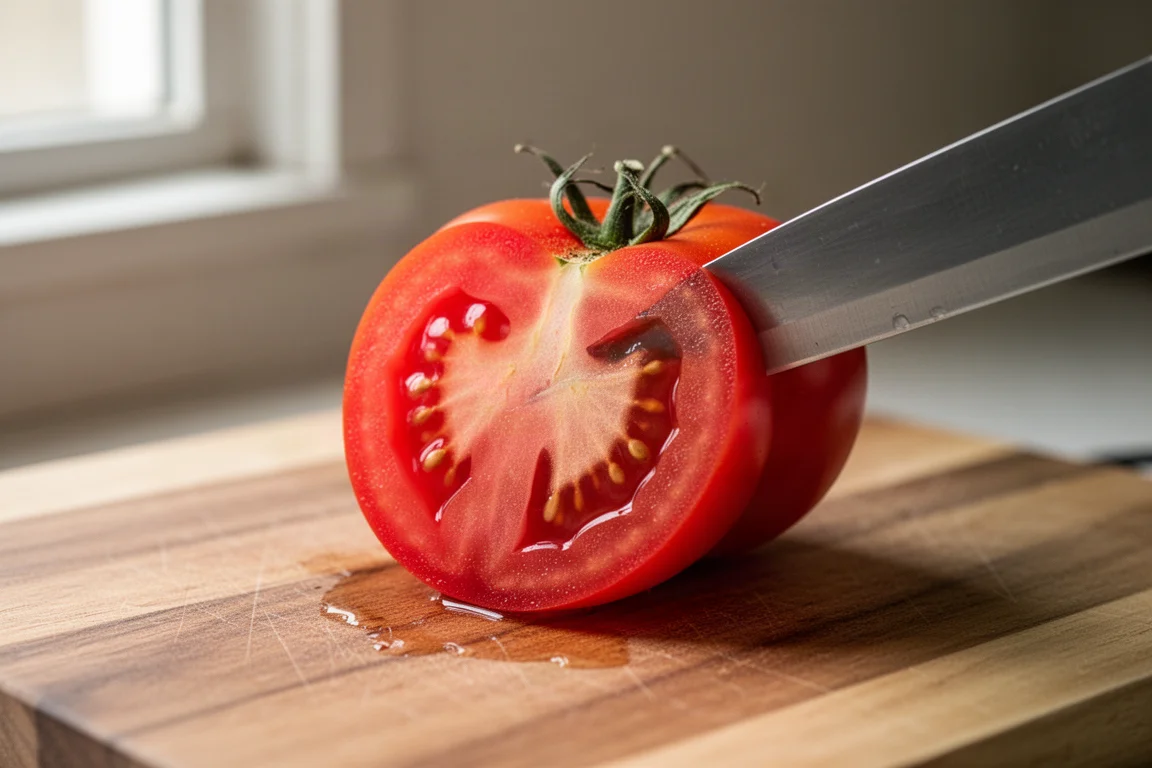 A ripe tomato being sliced with a clean pull cut on a wooden board