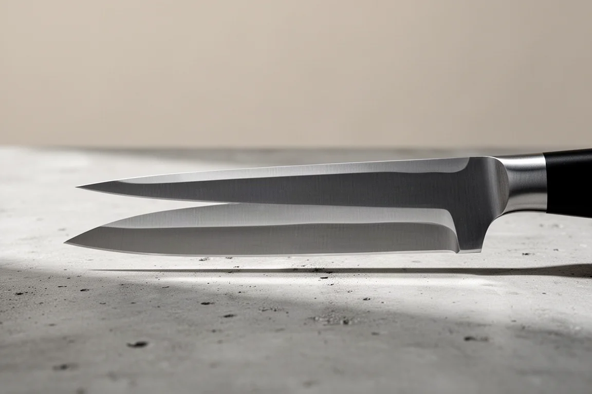 Side profile view of two knife blades showing different blade thickness and taper
