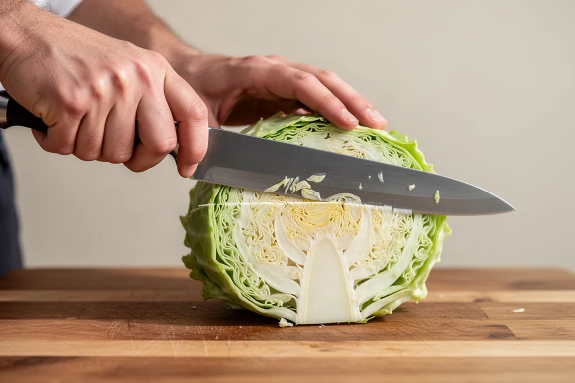 Cook's hand guiding a flat-edged knife through a cabbage half in a smooth slide cut