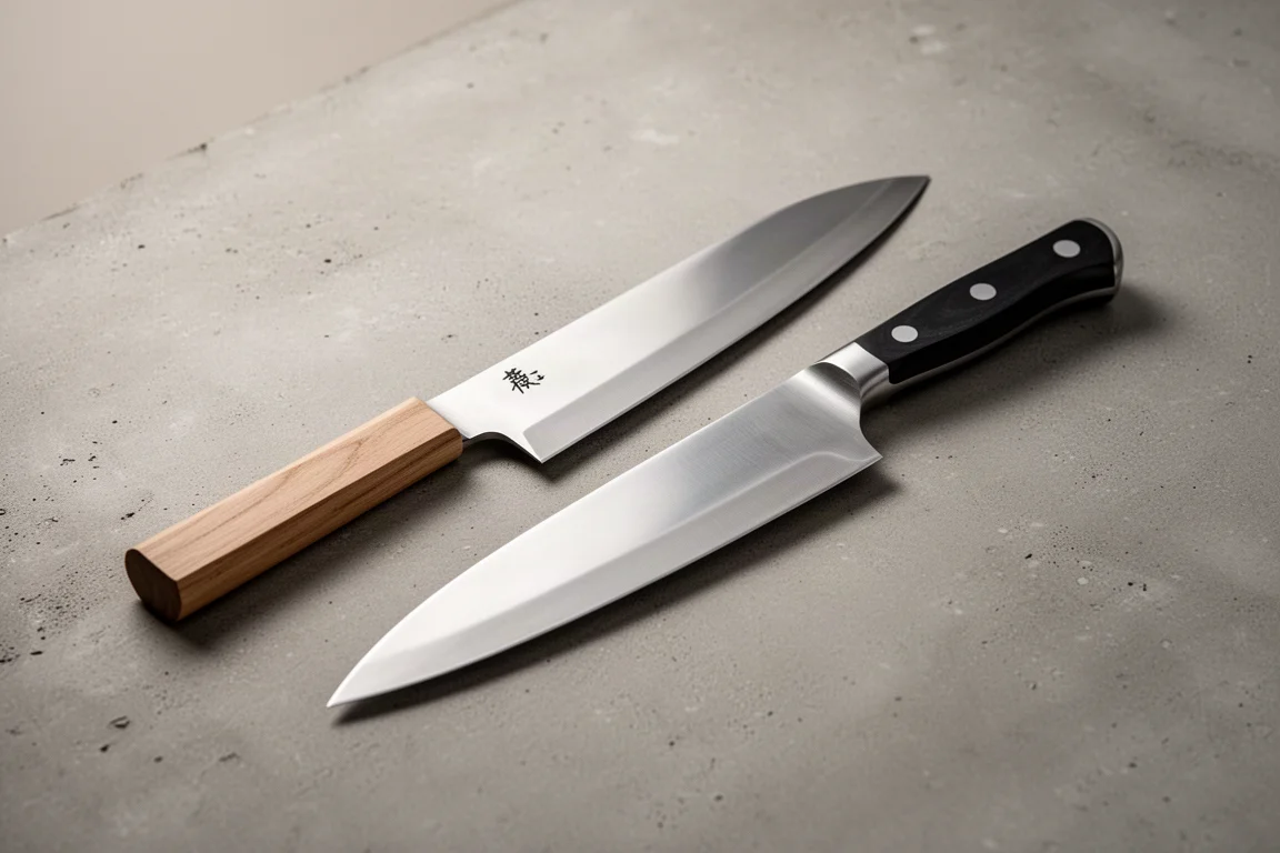 Japanese gyuto and Western chef's knife side by side on a concrete surface