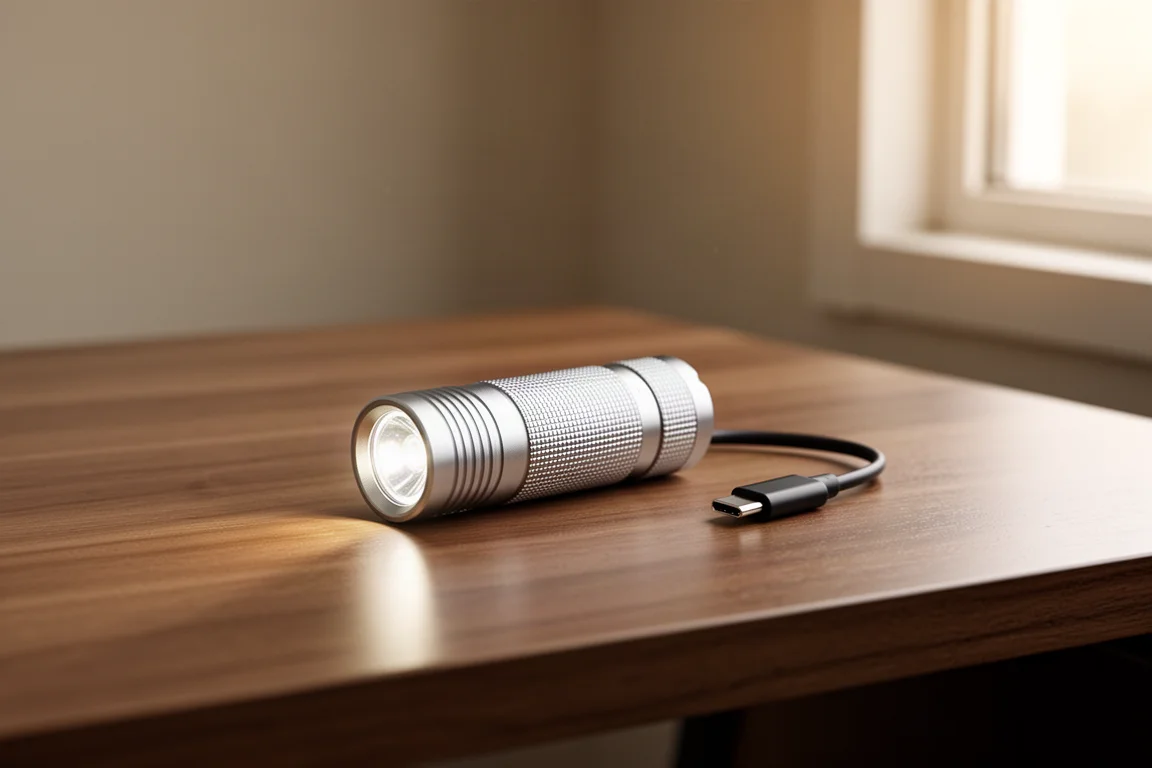 Compact USB-C rechargeable flashlight lying on a wooden desk next to a charging cable
