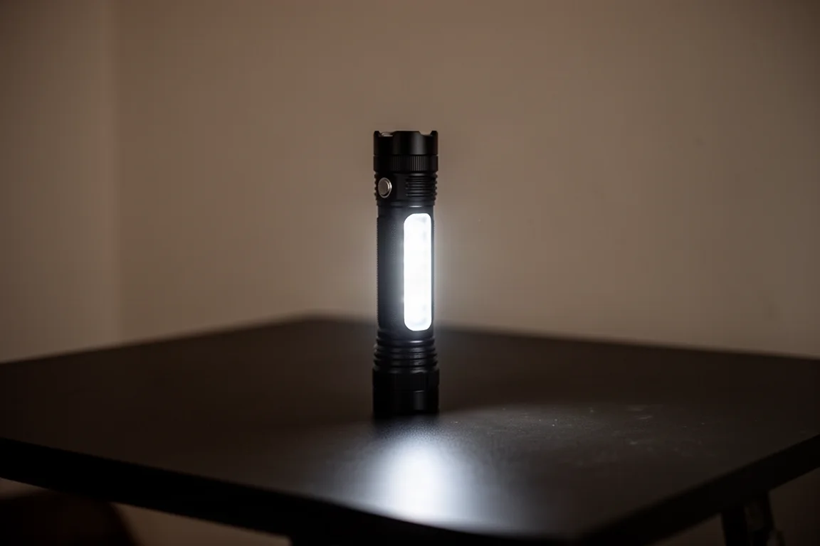 Flashlight side light emitting a soft white glow in a dim room