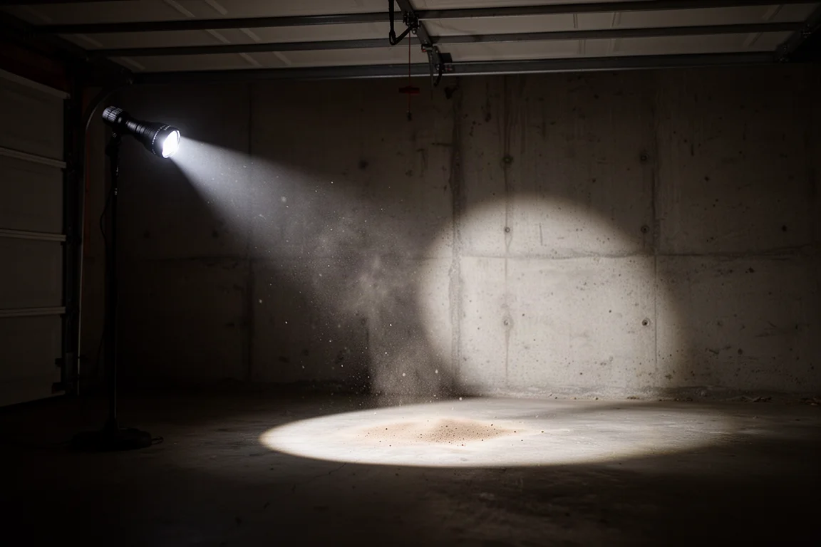 Bright flashlight beam illuminating a dark garage wall at night
