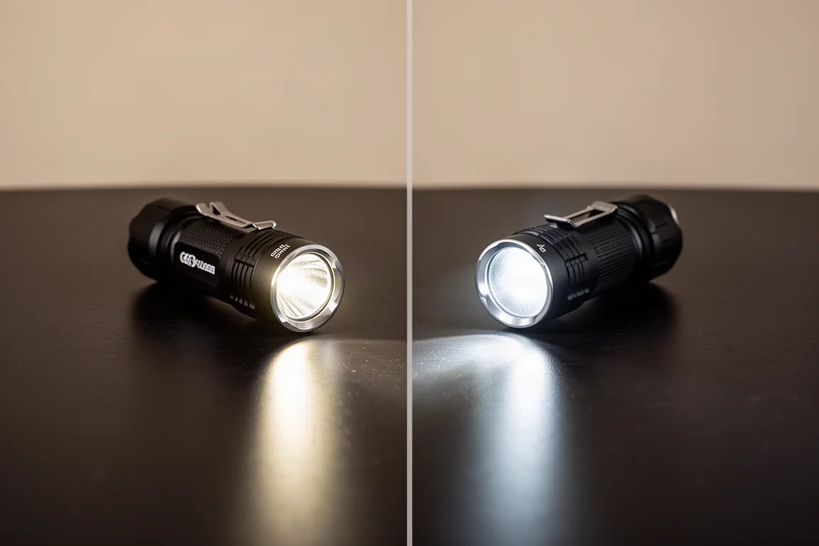 Two flashlights side by side on a table showing one brighter and one wider beam