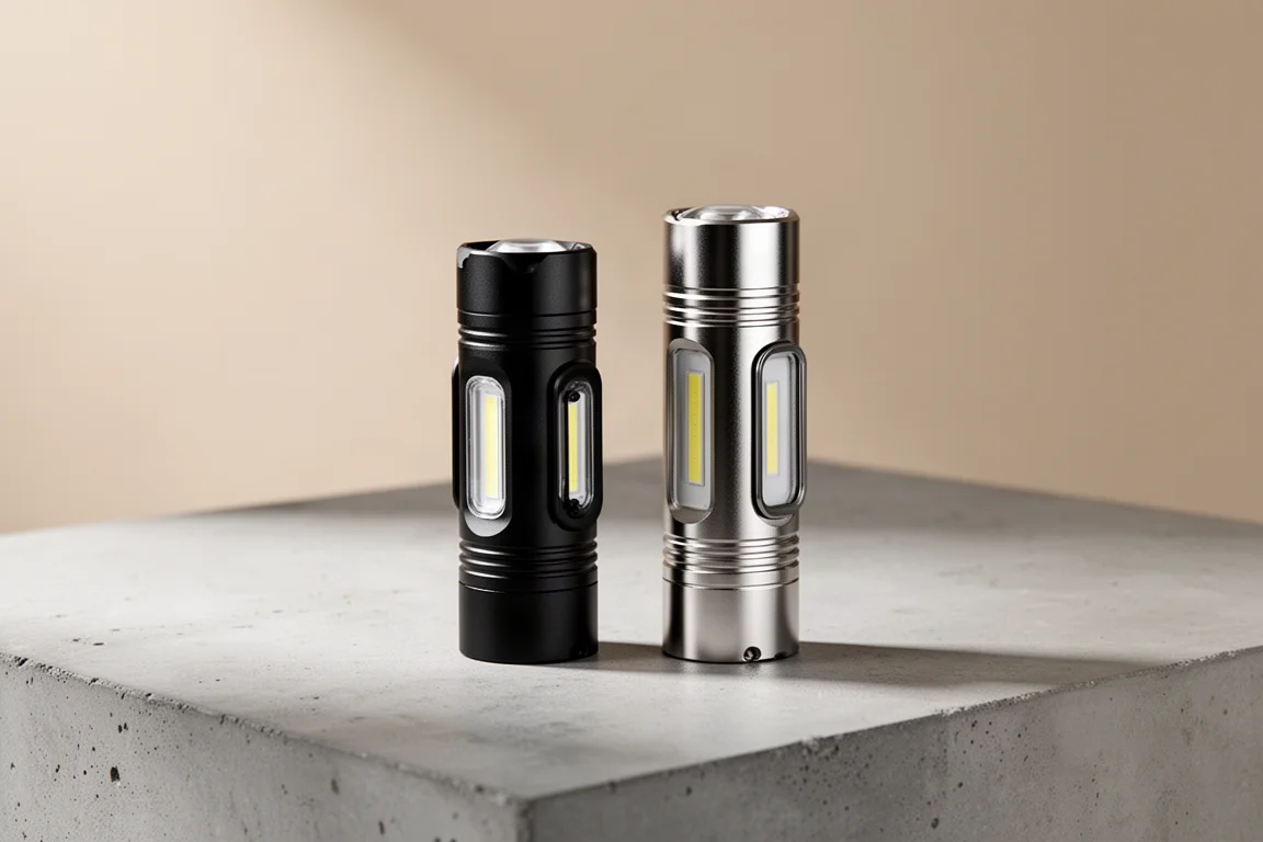 H Sonic E5R and E7 flashlights standing side by side on a concrete surface