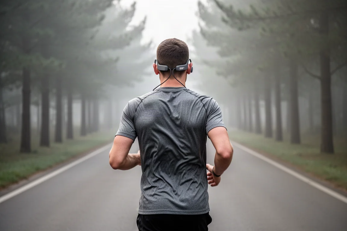 Corridore con cuffie a conduzione ossea su una strada aperta, con le orecchie completamente libere