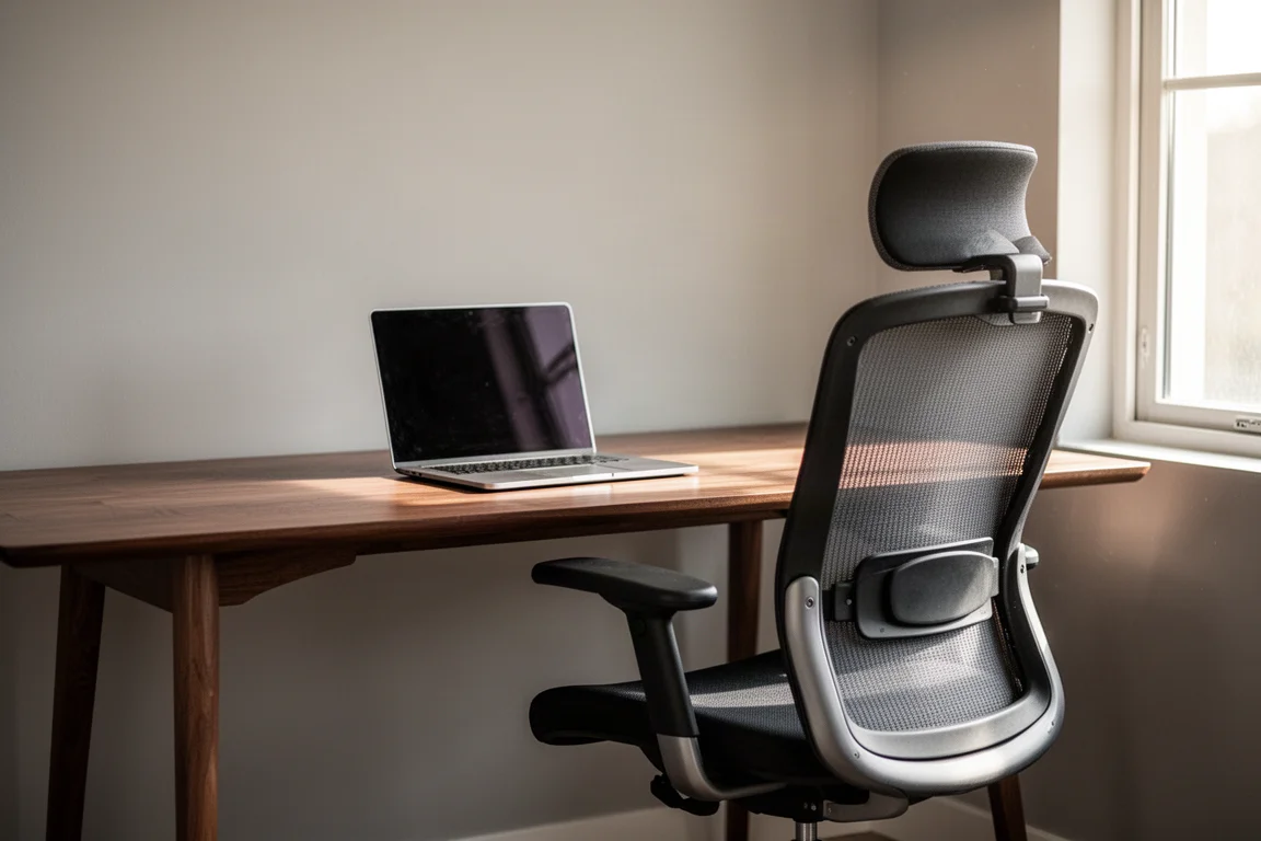 Persona che lavora alla scrivania in un ufficio domestico con una sedia ergonomica in rete